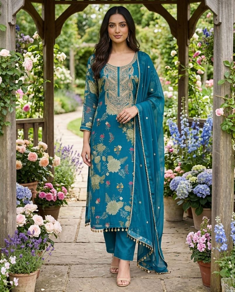 Woman in a blue embroidered outfit standing in a garden with flowers.