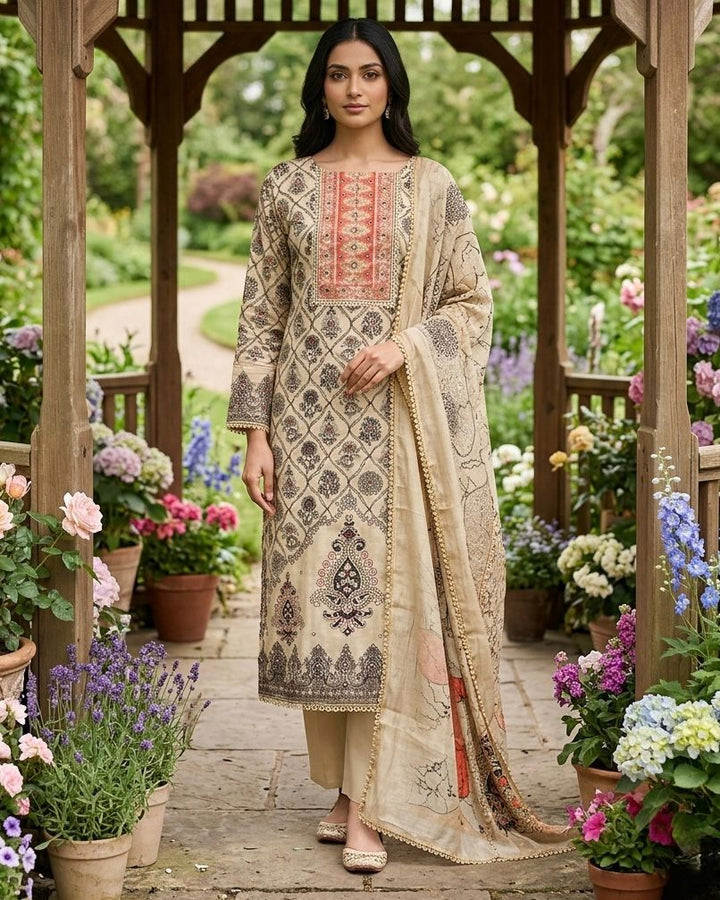 Woman in traditional embroidered outfit standing in a garden with flowers and wooden pergola.