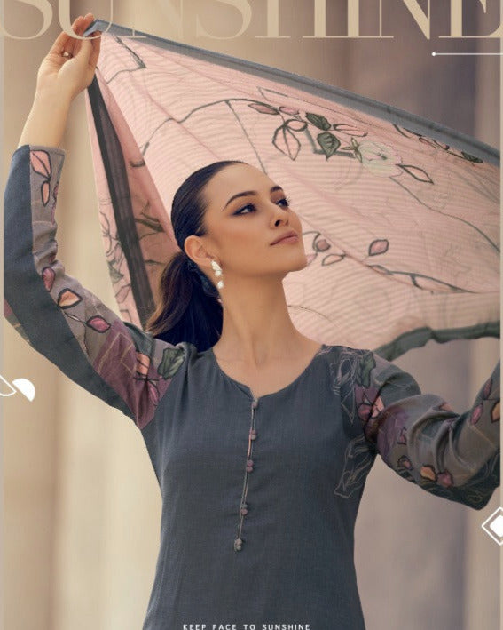 44422 - Printed Cotton Embroidered Suit With Cotton Duppatta