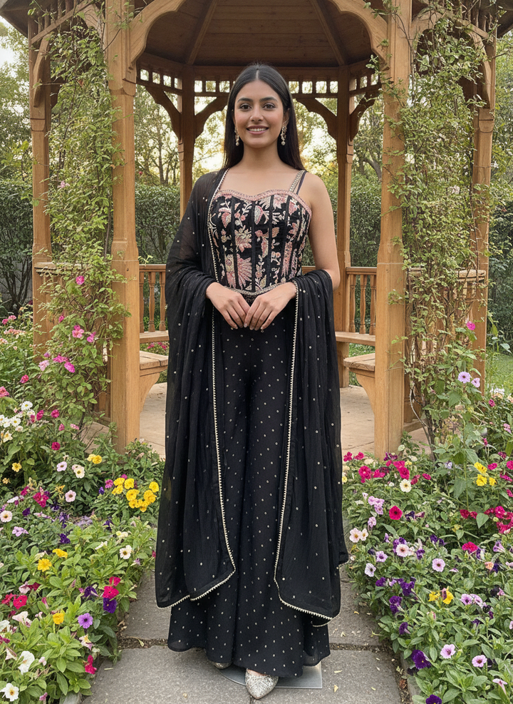 Black Silk Embroidered Plazo Suit Ensemble (56110)