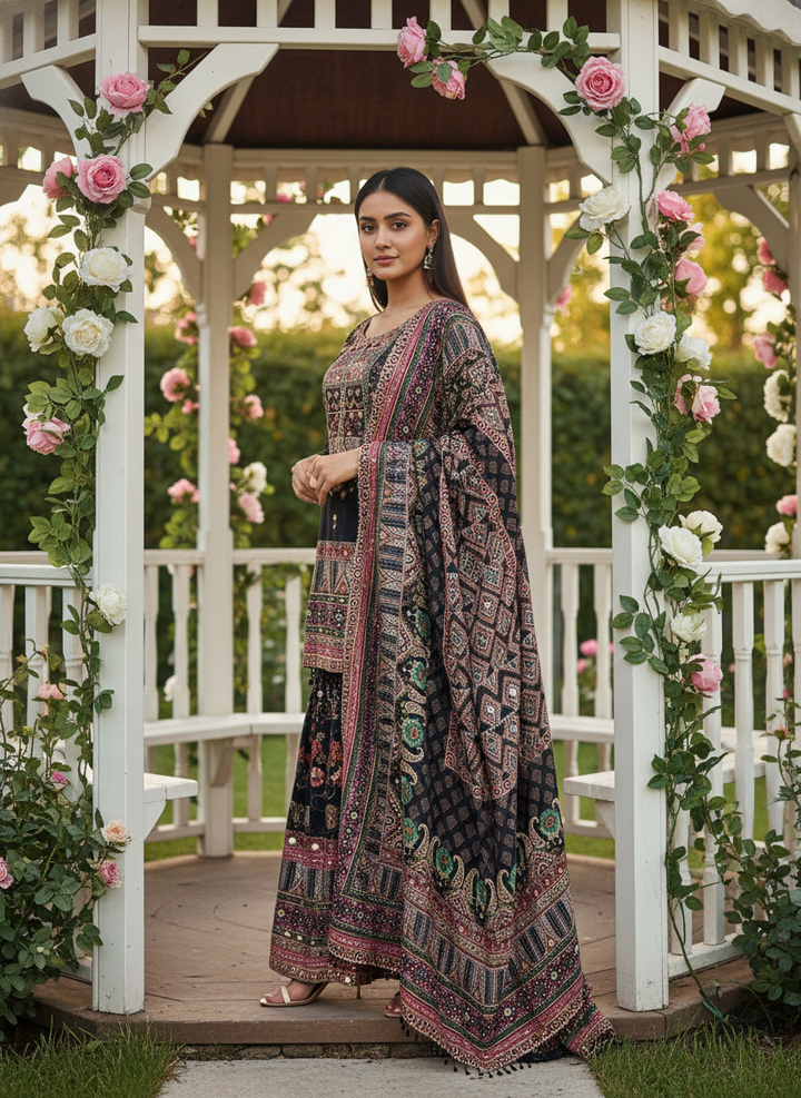 Midnight Garden Black Muslin Embroidered Sharara (41365)