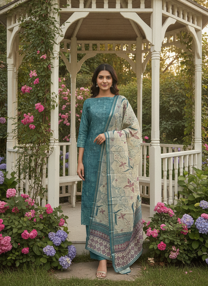 Embroidered Chanderi Dupatta Set in Verdant Green (47592)