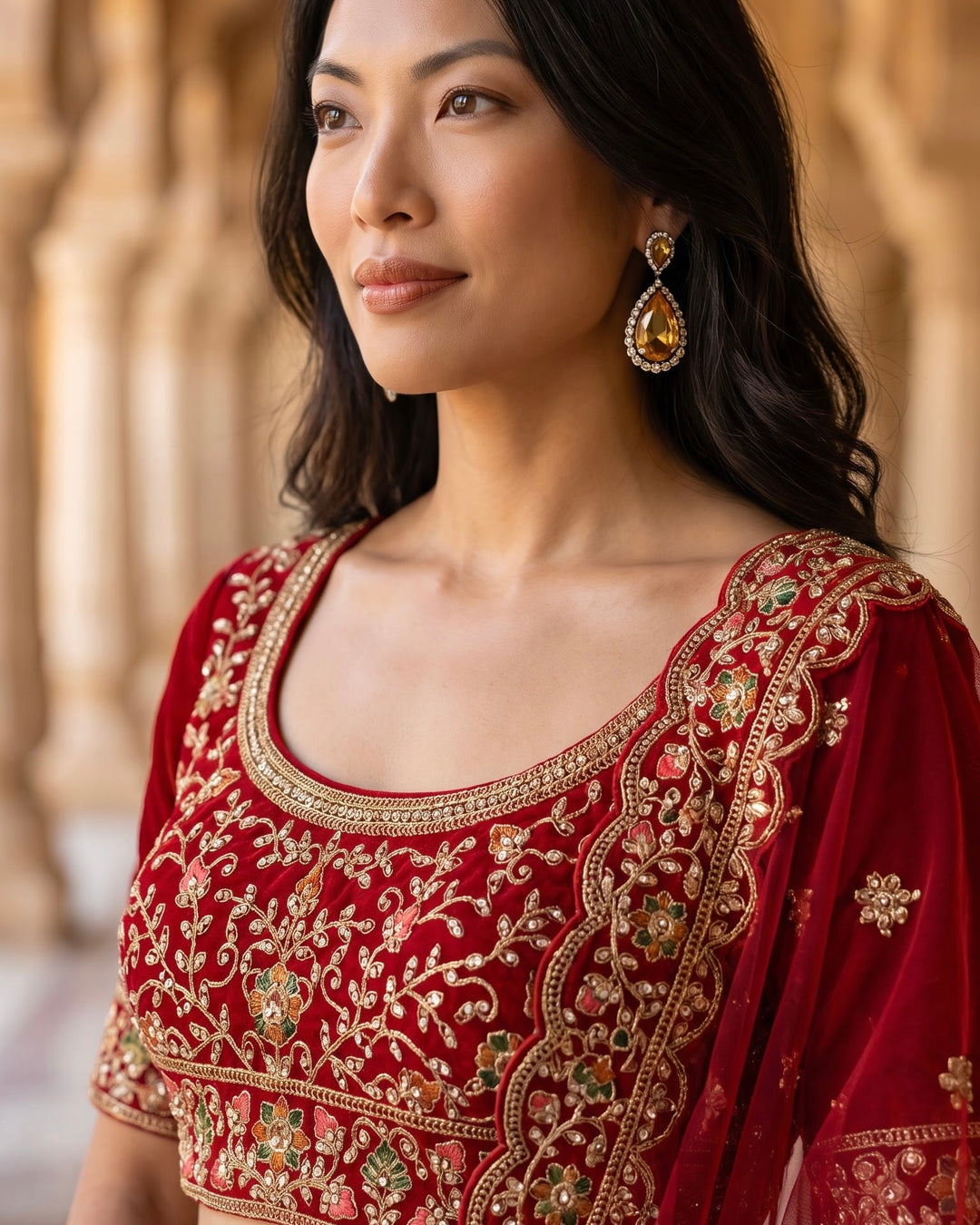 Luxurious Scarlet Velvet Bridal Lehenga with Exquisite Embellishments (43445)