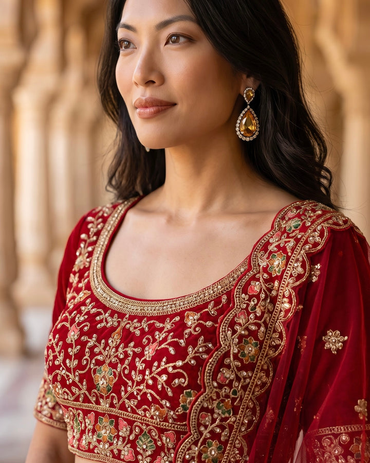 Luxurious Scarlet Velvet Bridal Lehenga with Exquisite Embellishments (43445)