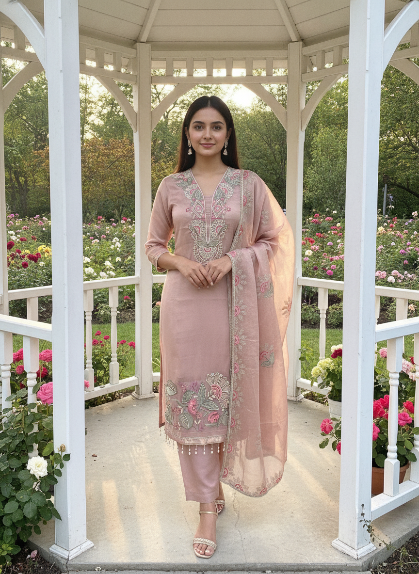 Pink Embroidered Organza Festive Ensemble (58904)