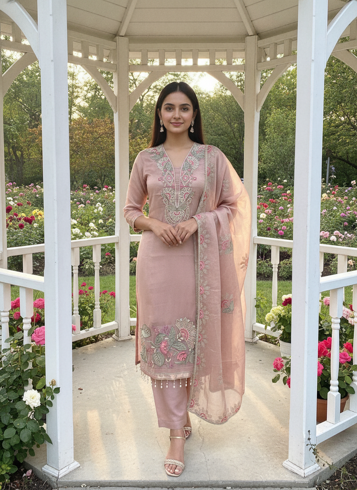 Pink Embroidered Organza Festive Ensemble (58904)