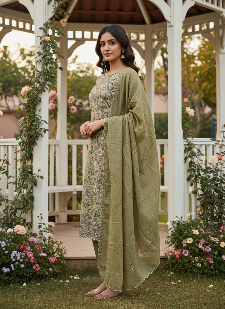 Emerald Green Printed Cotton Unstitched Ensemble (50663)