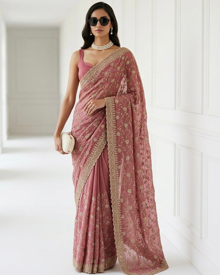 Peach Organza Saree with Allover Embroidery (54582)