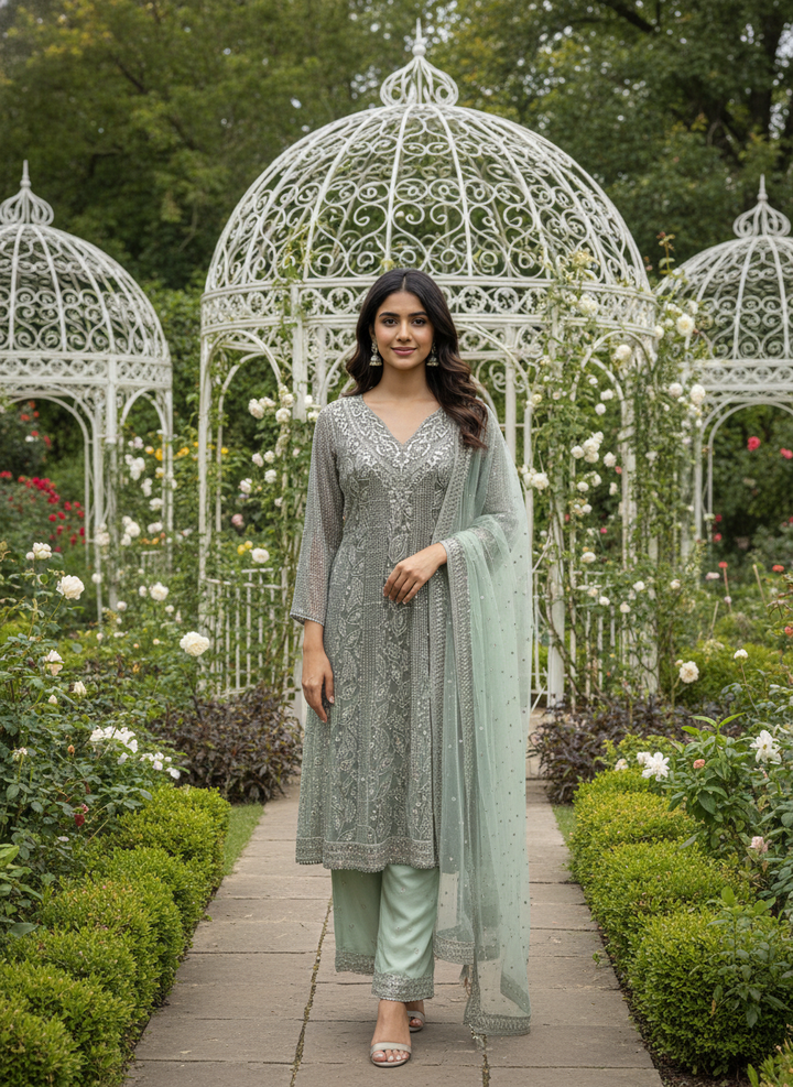 Emerald Georgette Zari Embroidered Straight Suit (53447)