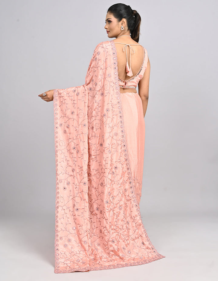 Meher – Peach Organza Saree with Coding & Mirror Work | Fazals (48093)