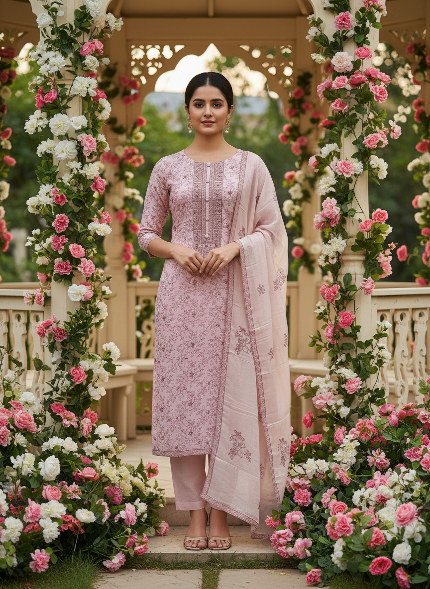Printed Embroidery Pink Muslin Unstitched Fabric (49372)