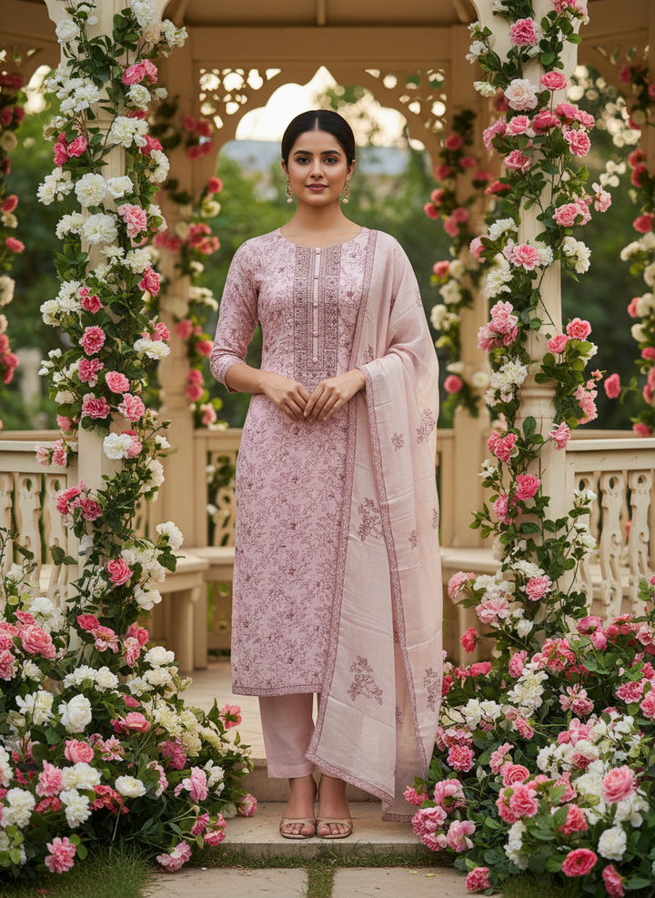 Printed Embroidery Pink Muslin Unstitched Fabric (49372)