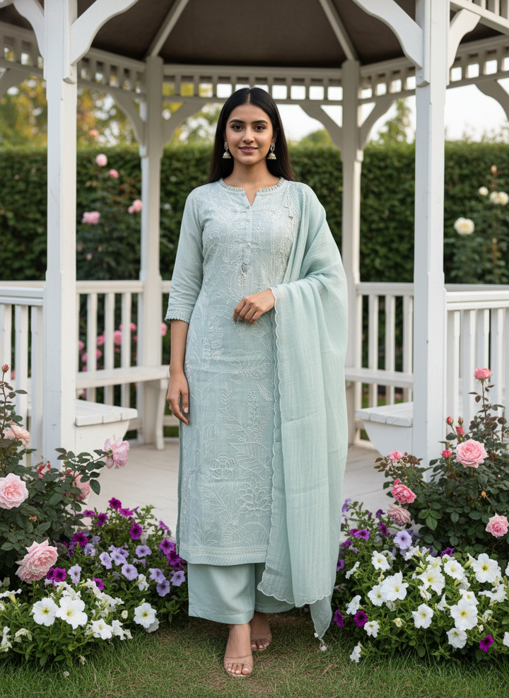 Light Green Embroidered Chanderi Unstitched Fabric (54279)