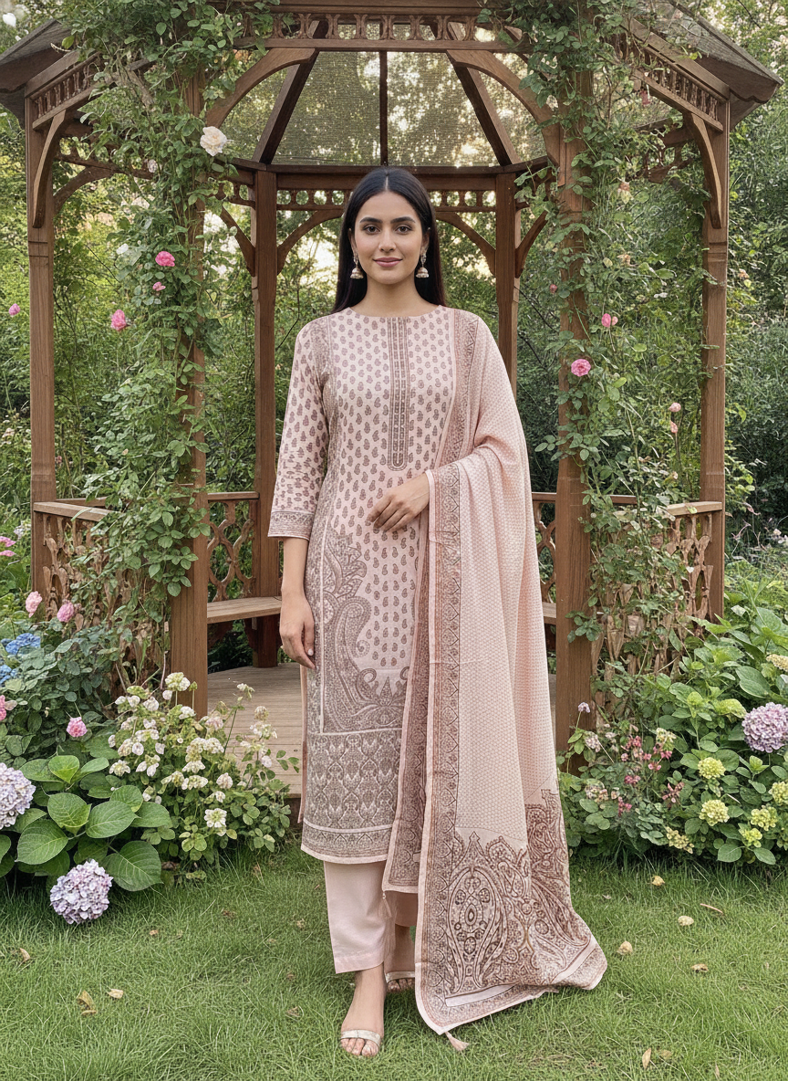 Peach Cotton Paisley Embroidered Unstitched Fabric (58673)
