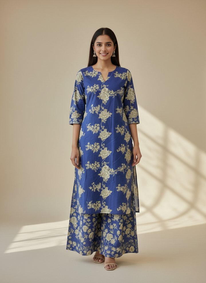 Blue Printed Cotton Fabric for Everyday Elegance (53866)