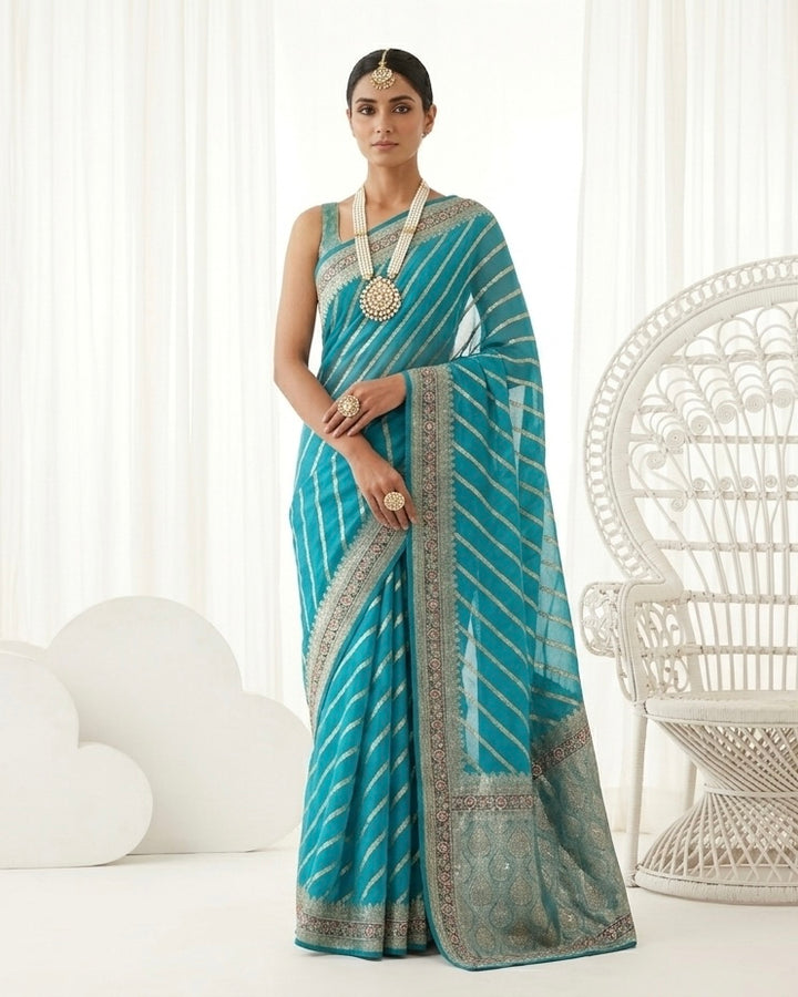 Emerald Silk Saree with Allover Embroidery (54878)