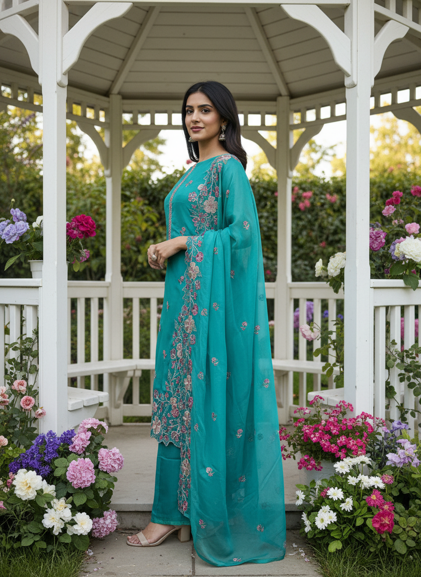 Embroidered Green Upada Unstitched Suit Piece (49469)