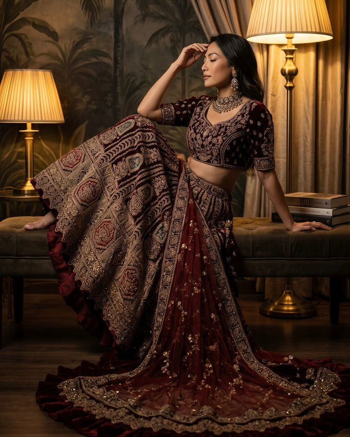 Maroon Velvet Embroidered Bridal Lehenga (42942)