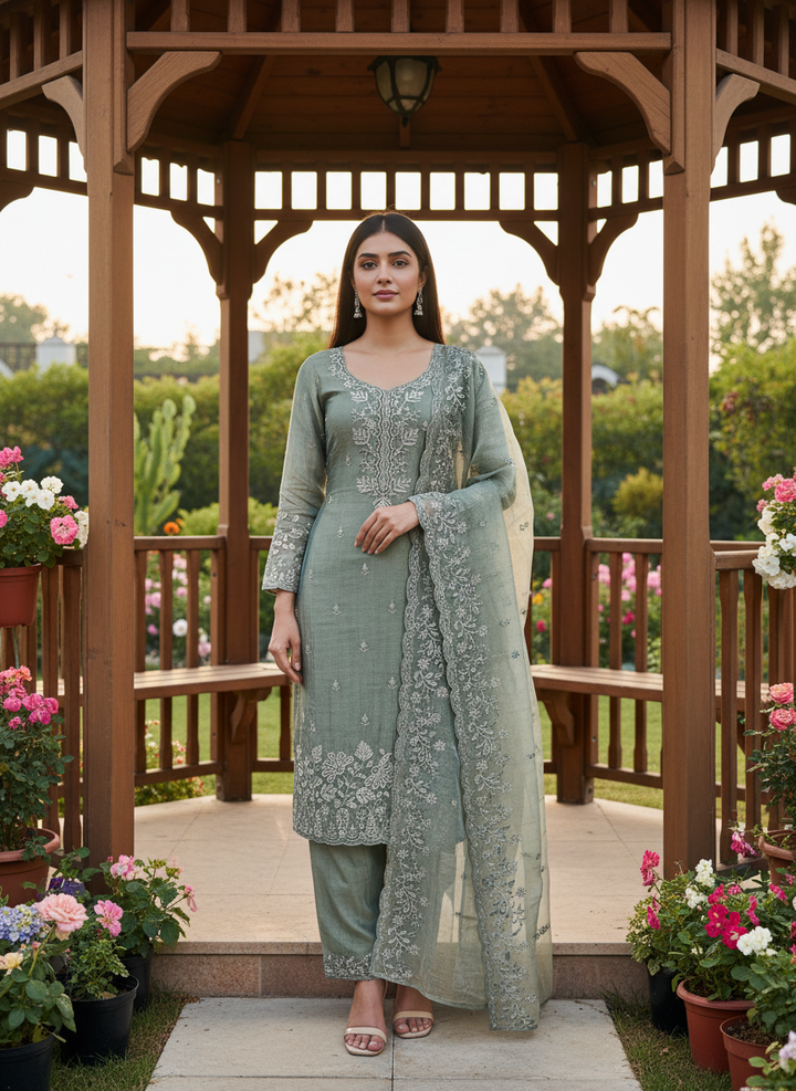 Luminous Green Tissue with Golden Zari Embroidery (55092)