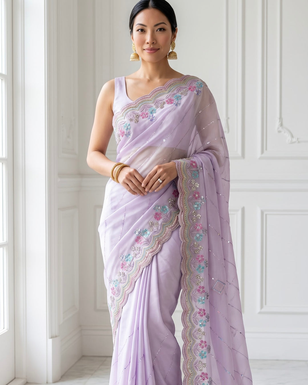Embroidered Thread and Sequins Organza Festive Saree (37576)