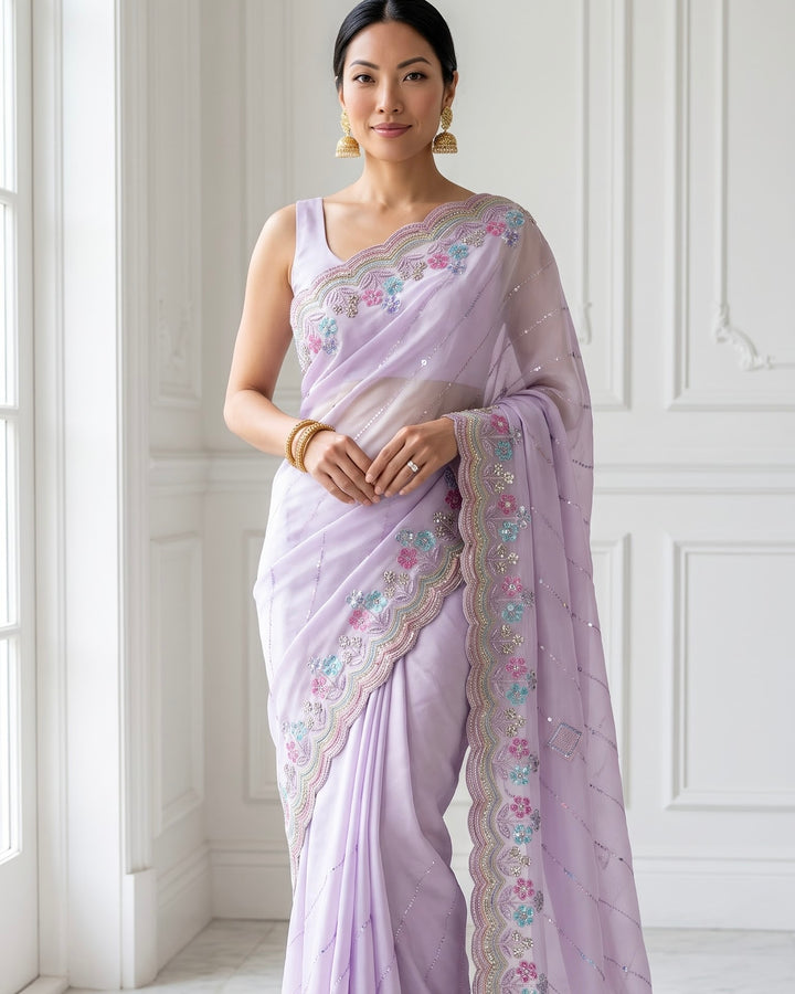 Embroidered Thread and Sequins Organza Festive Saree (37576)