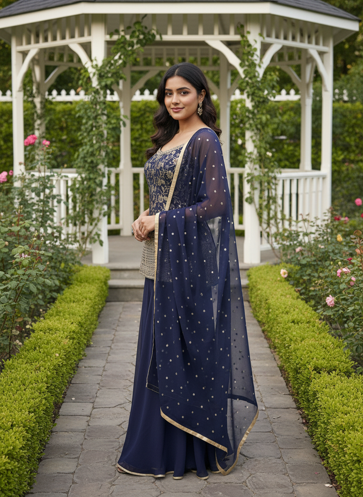 Navy Blue Woven Silk Plazo Suit (49452)