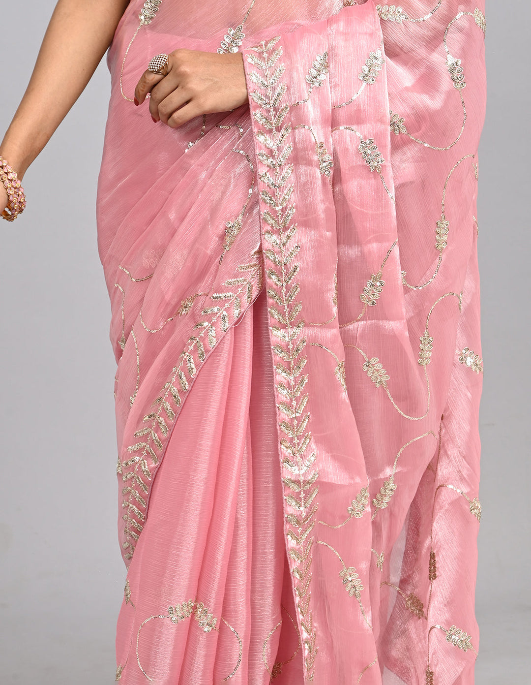 Samaira – Pink Tissue Saree with Sequin Embroidery & Self-Coloured Blouse | Fazals (45063)