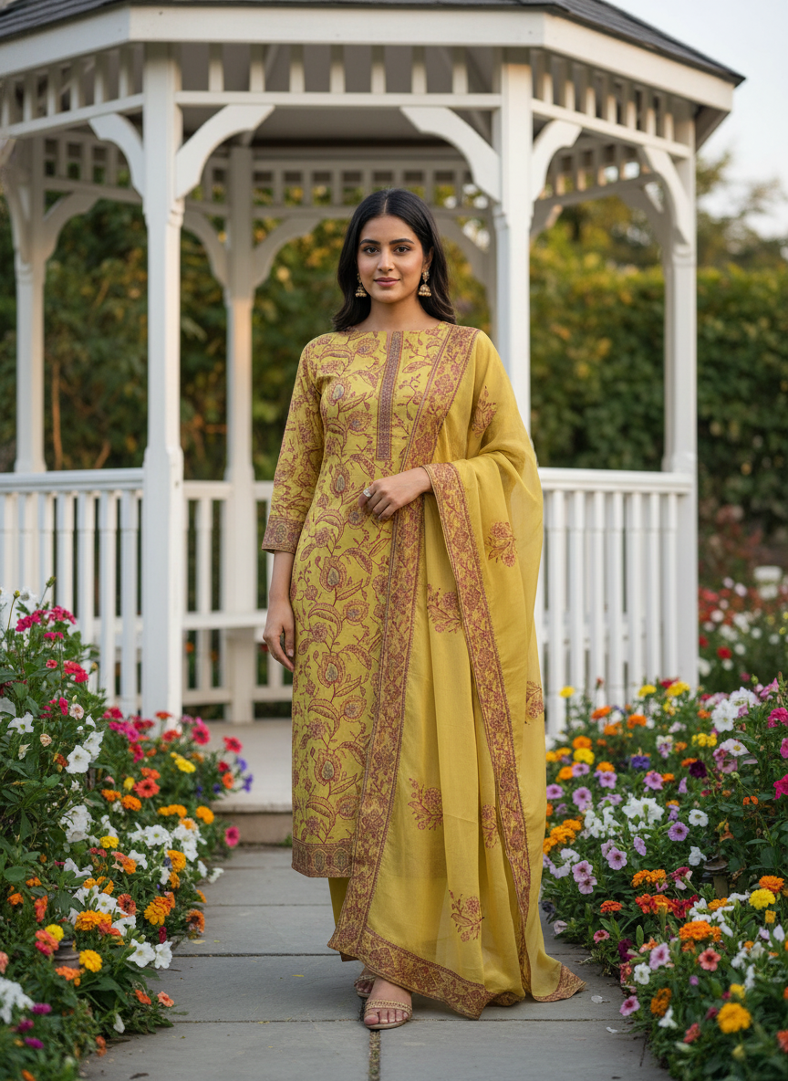 Embroidered Yellow Upada Silk Unstitched Fabric (49467)