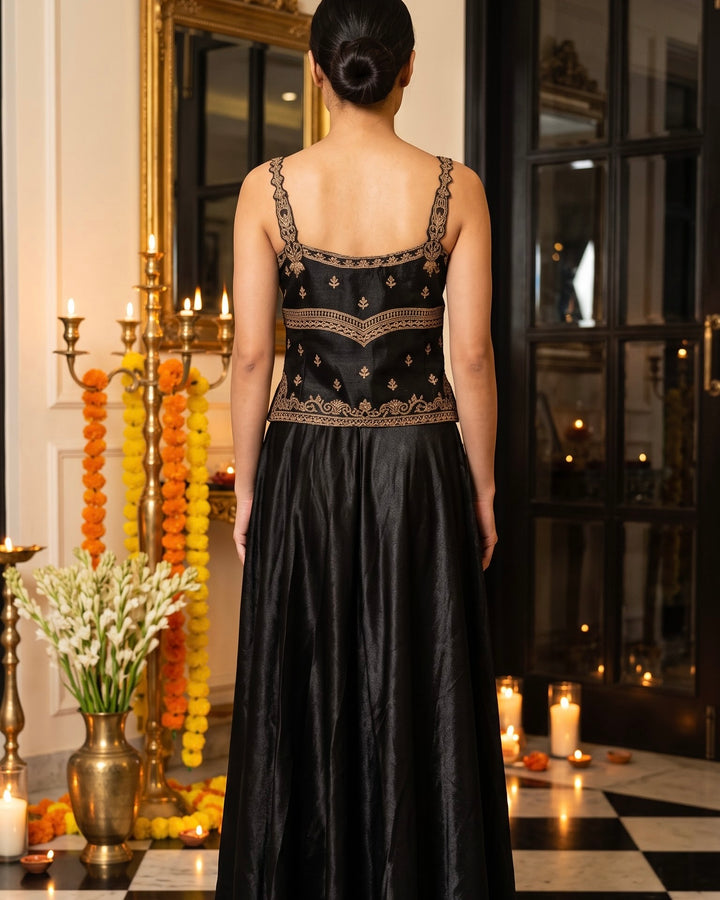 Black Silk Embroidered Short Shirt Palazzo Set (60623)