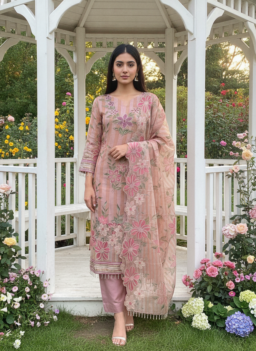 Pink Organza Embroidered Festive Unstitched Ensemble (58898)
