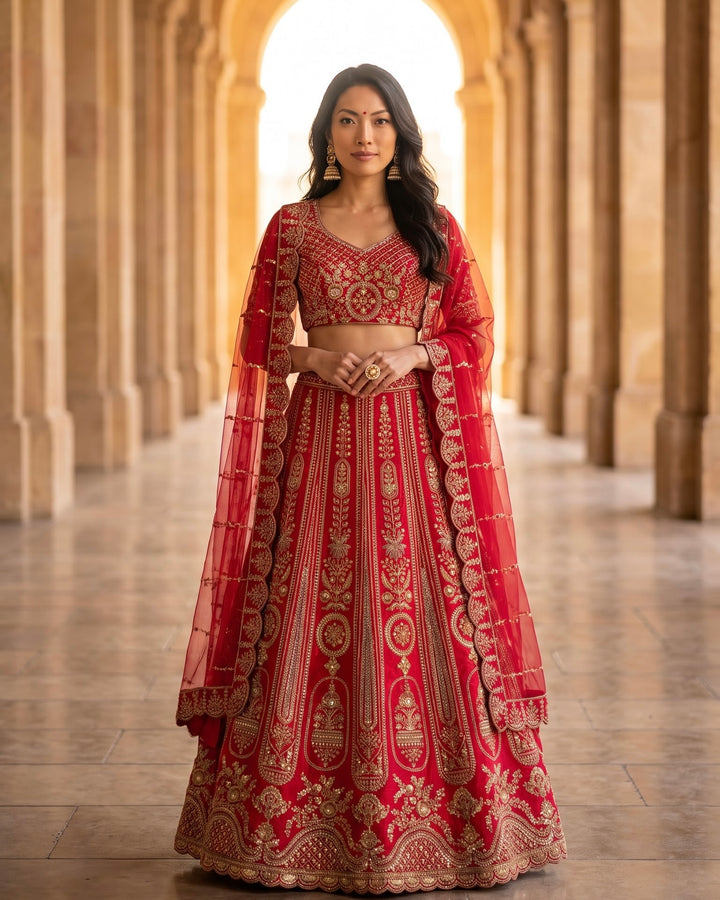 Rani Pink Embroidered Silk Bridal Lehenga (52283)