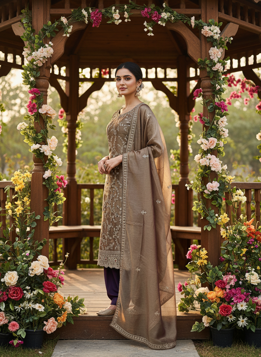 Burnished Copper Tissue with Handwork Zardozi (53125)