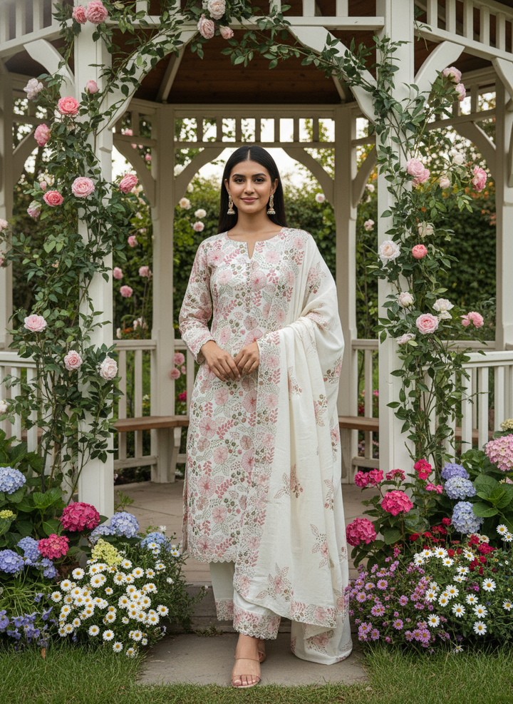 Embroidered Cream Mull Unstitched Suit Material (54843)