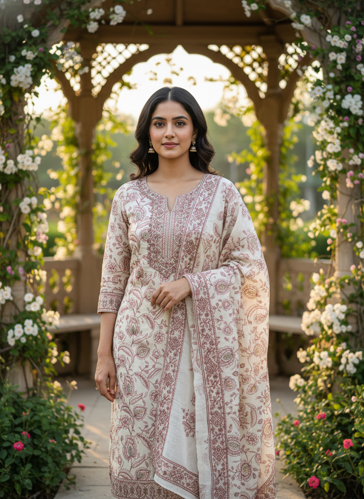 Cream Upada Silk Embroidered Unstitched Suit (49468)