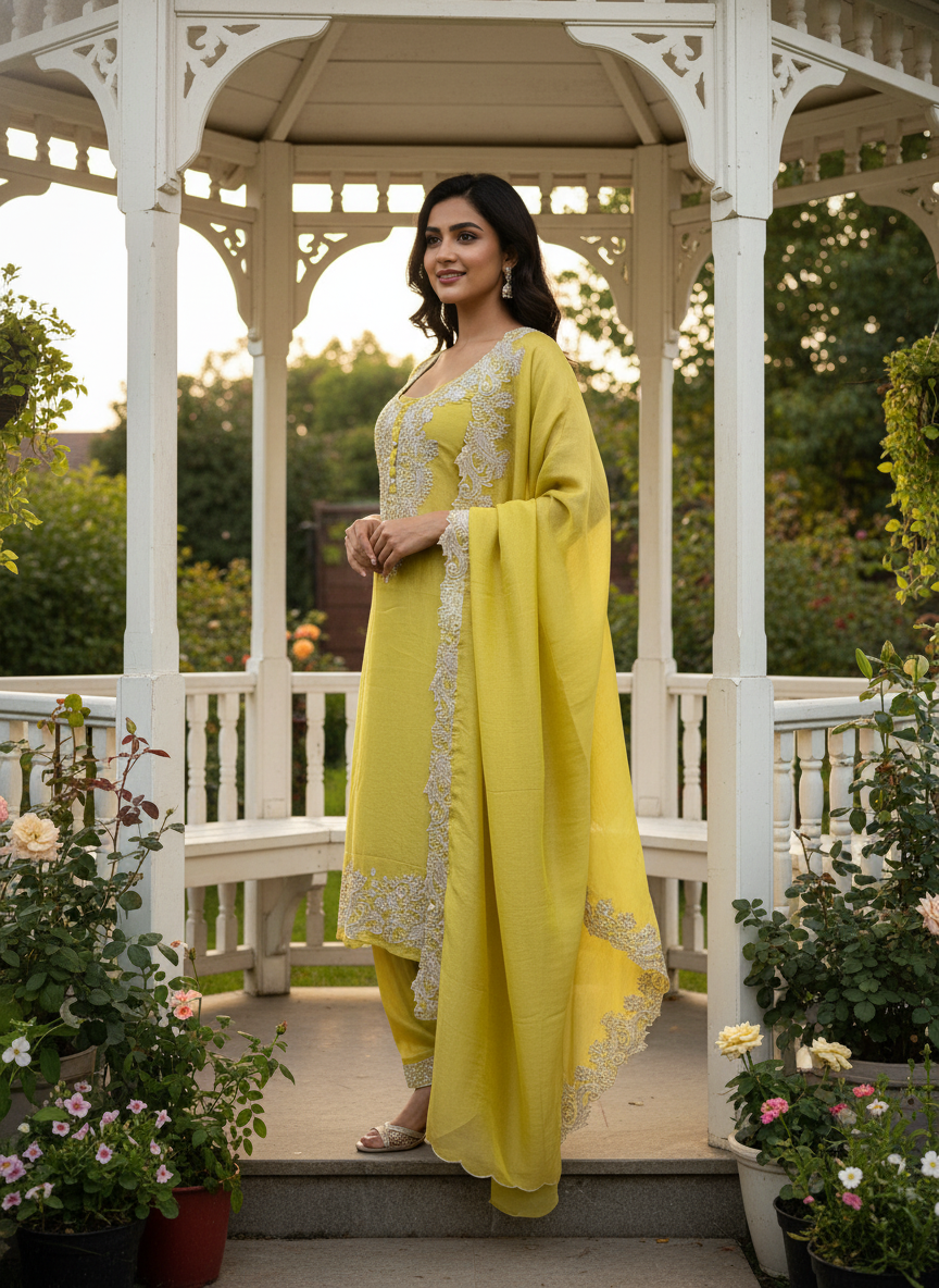 Golden Marigold Zari Embroidered Shimmer Organza (52310)