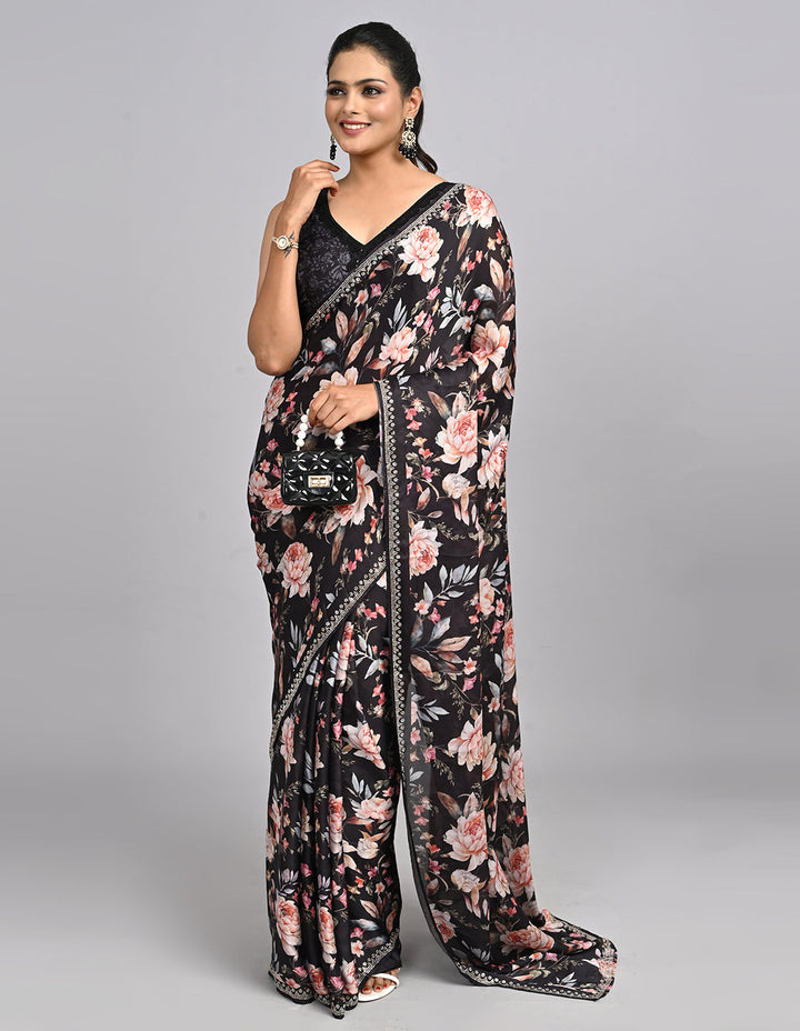 Noor – Black Floral Satin Saree with printed Blouse | Fazals (47108)