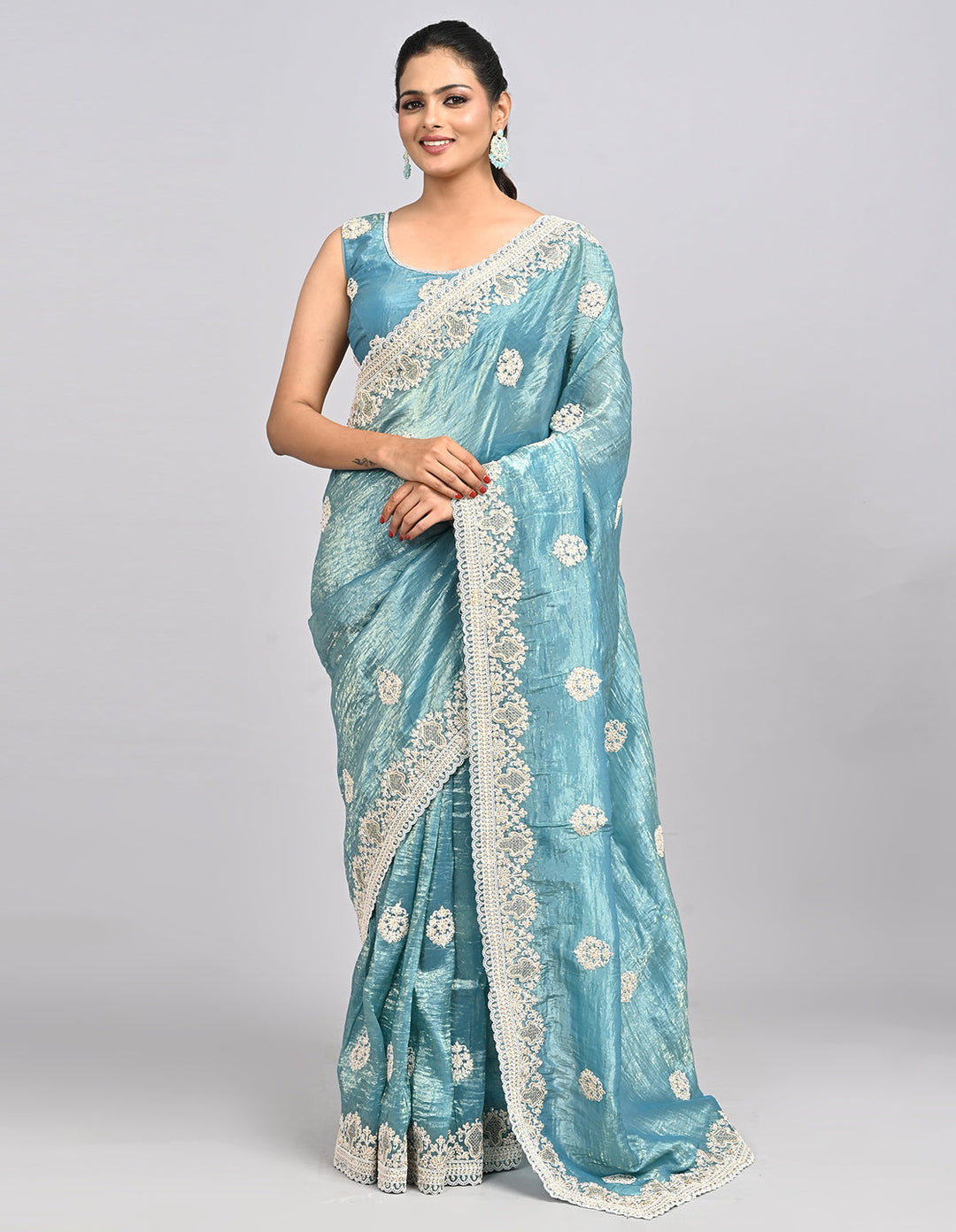 Neysa – Light Blue Organza Saree with Thread Embroidery & Self-Coloured Blouse | Fazals (46581)