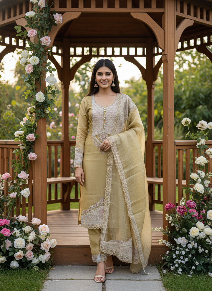 Mustard Organza Embroidered Festive Ensemble (53955)