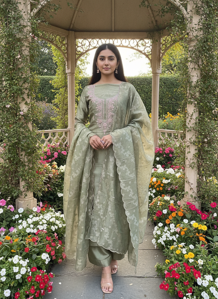 Emerald Tissue with Handwork Embroidery (58866)