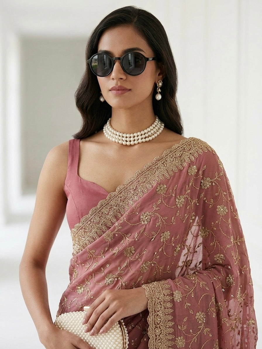 Peach Organza Saree with Allover Embroidery (54582)