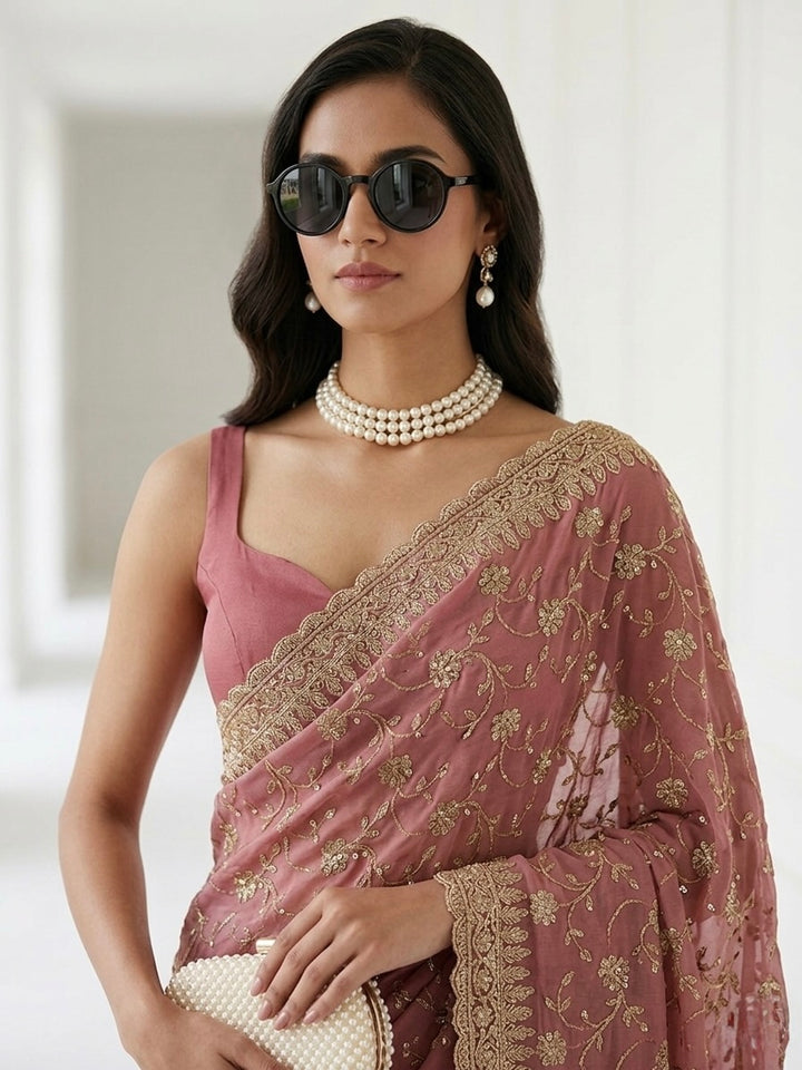 Peach Organza Saree with Allover Embroidery (54582)