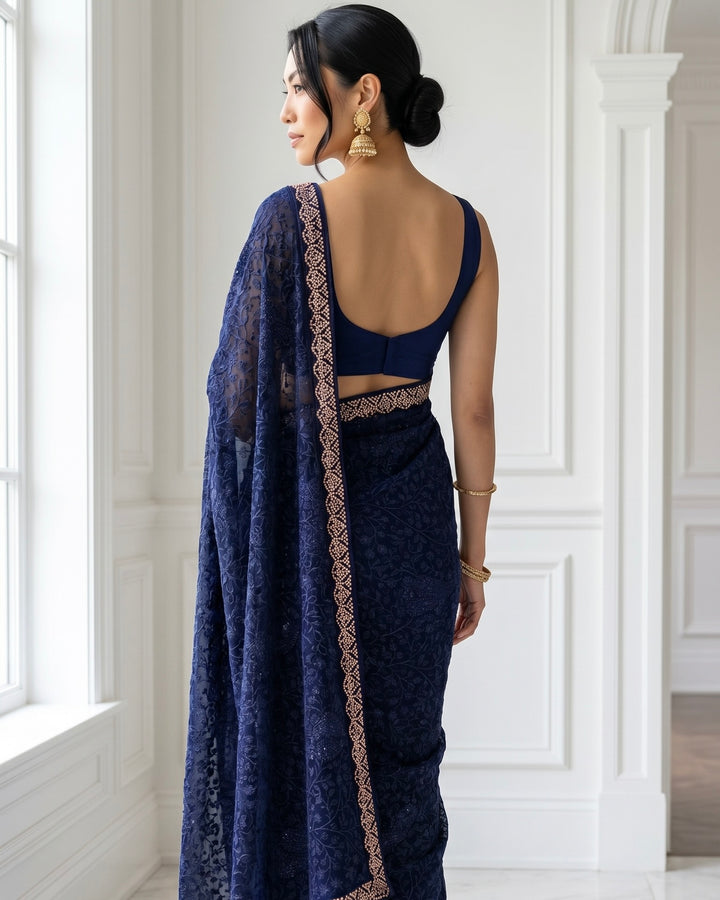 Navy Blue Embroidered Organza Saree Elegance (54579)