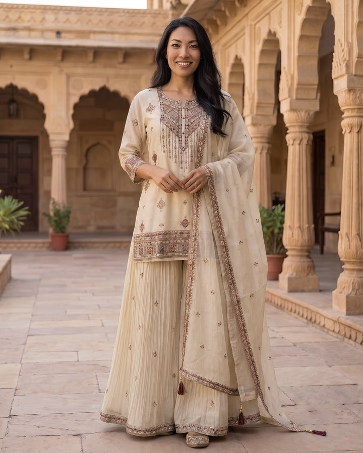Cream Chinnon Embroidered Festive Palazzo Ensemble (40924)