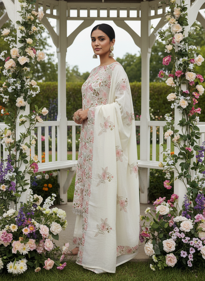 Embroidered Cream Mull Unstitched Suit Material (54843)