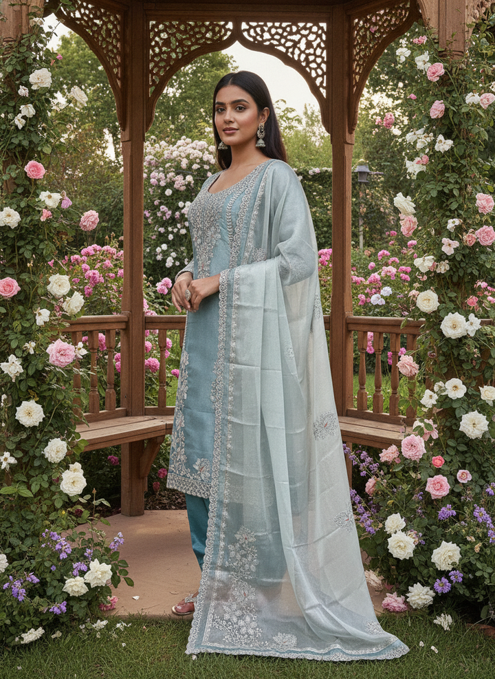 Blue Embroidered Organza Festive Ensemble (59711)