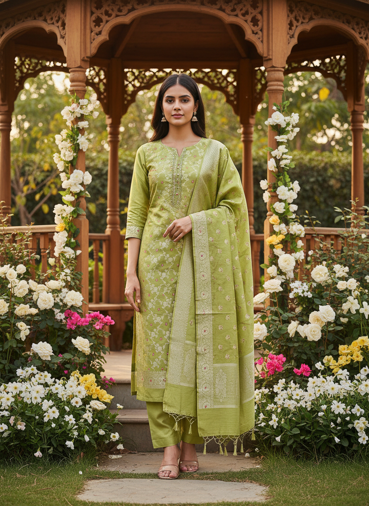 Moss Green Silk with Luminous Woven Texture (42726)