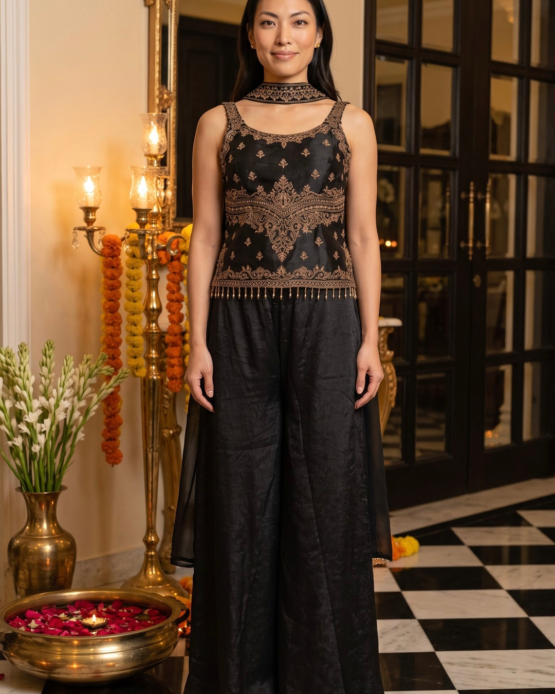 Black Silk Embroidered Short Shirt Palazzo Set (60623)