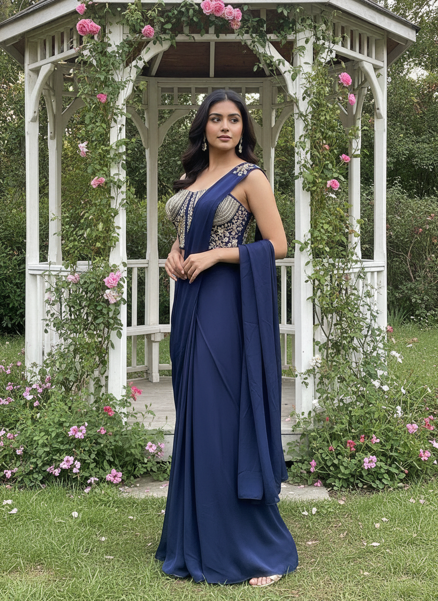 Navy Blue Silk Palazzo Suit with Embroidery (56442)