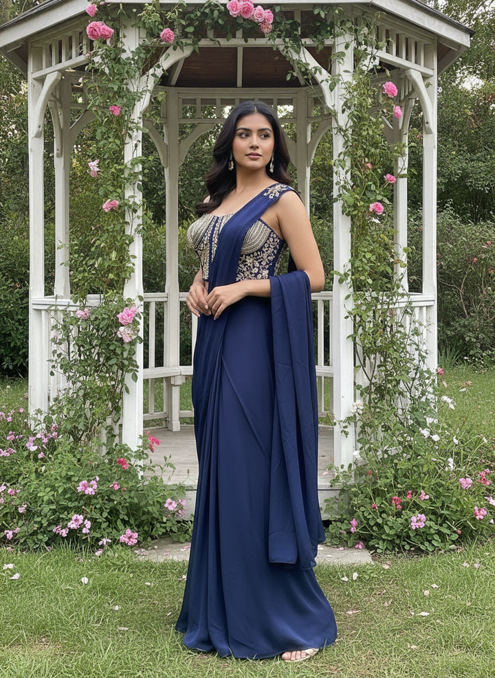 Navy Blue Silk Palazzo Suit with Embroidery (56442)