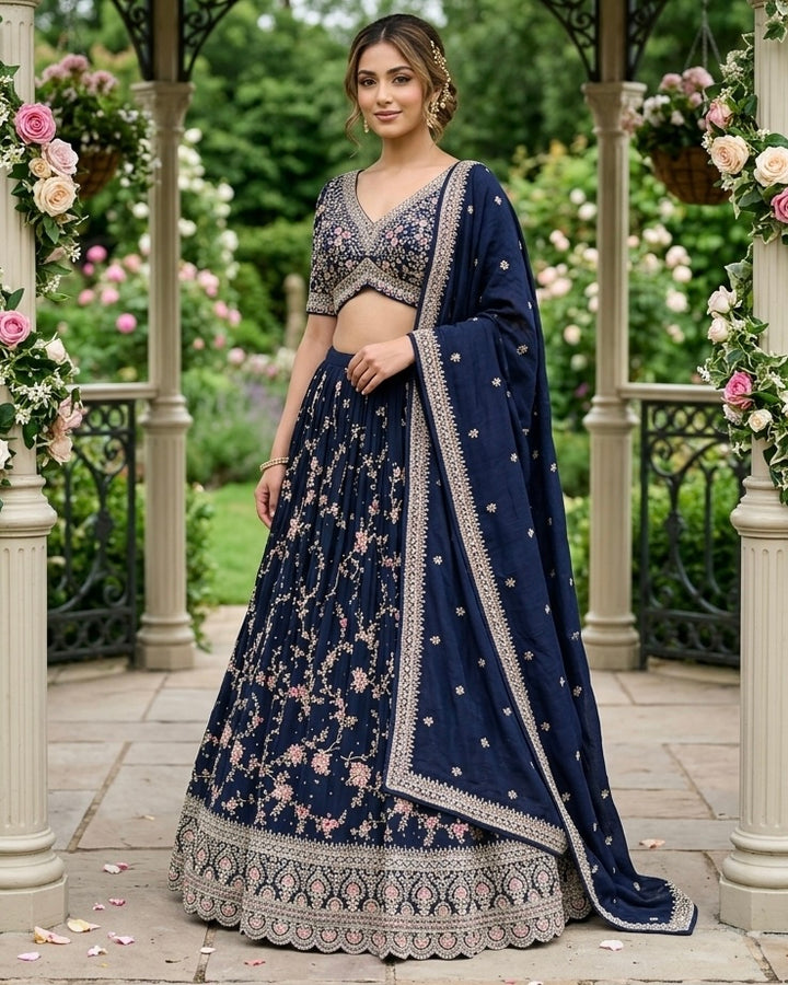 Navy Blue Embroidered Silk Festive Dupatta (49520)